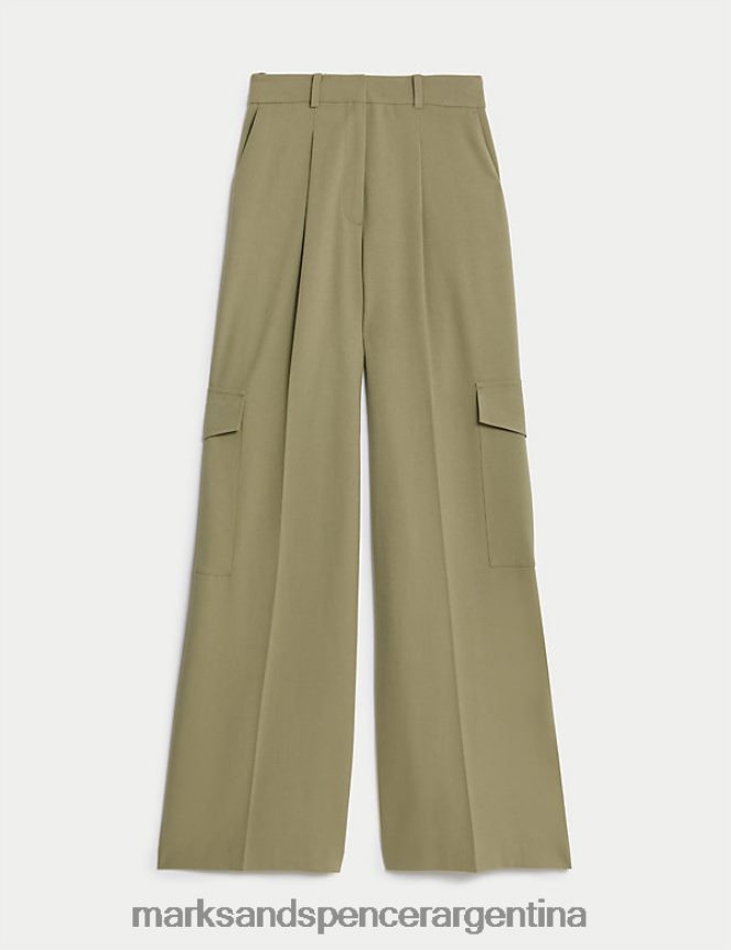 Marks & Spencer mujer pantalones cargo anchos con pliegues ropa caqui descolorido 46VL1426