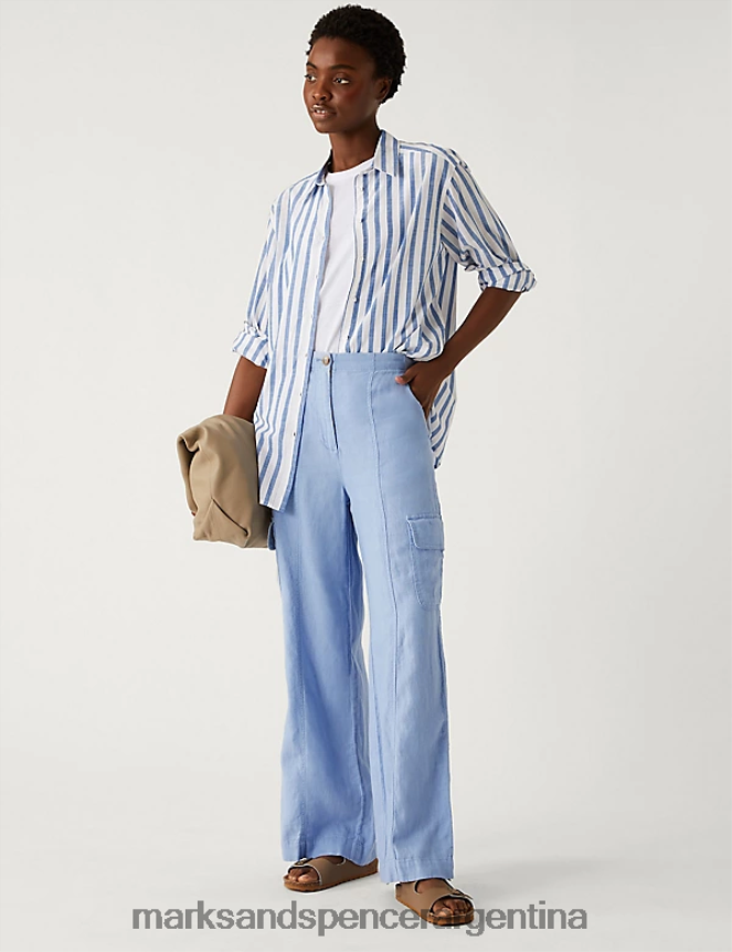 Marks & Spencer mujer pantalones cargo de lino puro ropa azul medio 46VL2998
