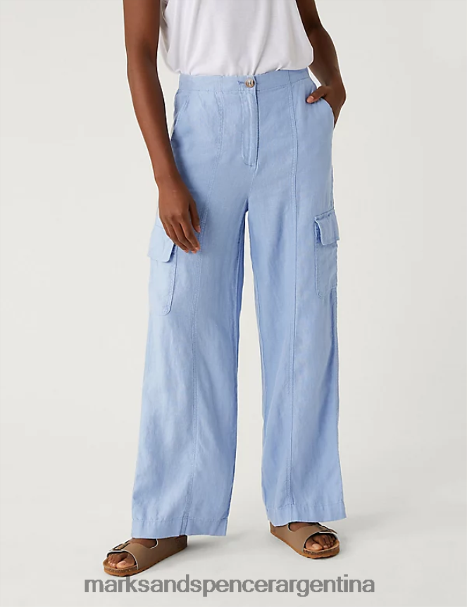 Marks & Spencer mujer pantalones cargo de lino puro ropa azul medio 46VL2998