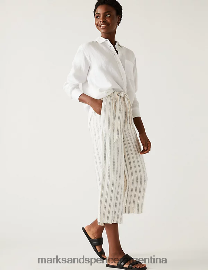 Marks & Spencer mujer pantalones cropped de pernera ancha a rayas de puro lino ropa mezcla cruda 46VL2228