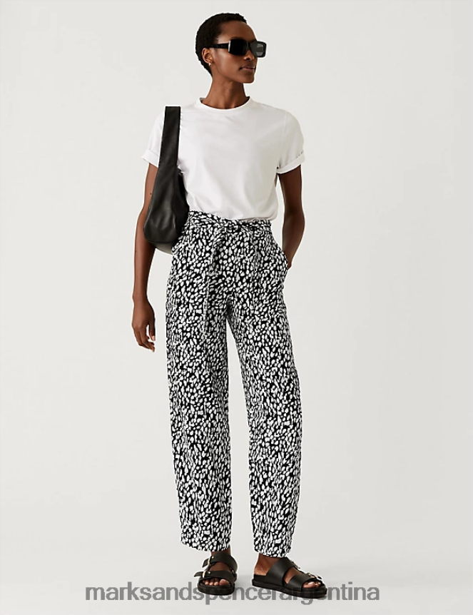 Marks & Spencer mujer pantalones globo de puro lino estampados con cinturón ropa mezcla negra 46VL2482