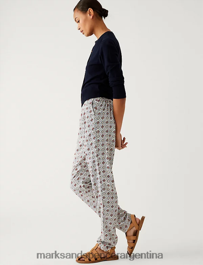Marks & Spencer mujer pantalones tapered estampados con pliegues en el frente ropa mezcla de crema 46VL682