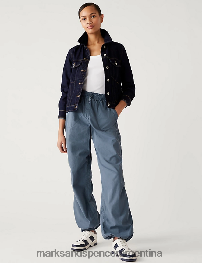 Marks & Spencer mujer pantalones tipo paracaídas de puro algodón con puños ropa fuerza aérea azul 46VL1622