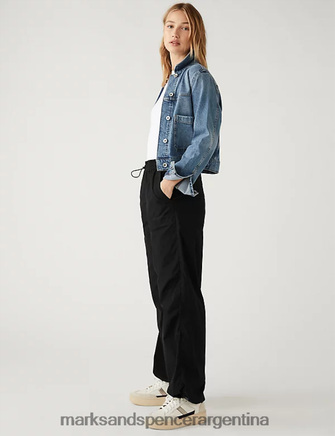 Marks & Spencer mujer pantalones tipo paracaídas de puro algodón con puños ropa negro 46VL1282