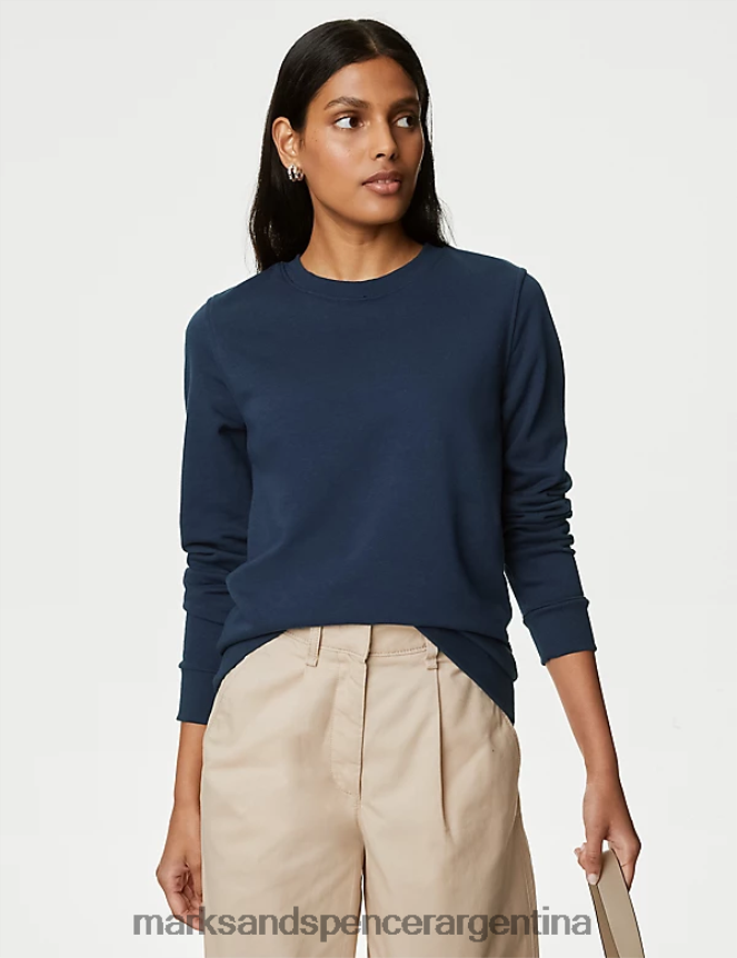 Marks & Spencer mujer la sudadera rica en algodón con cuello redondo ropa Armada 46VL3526