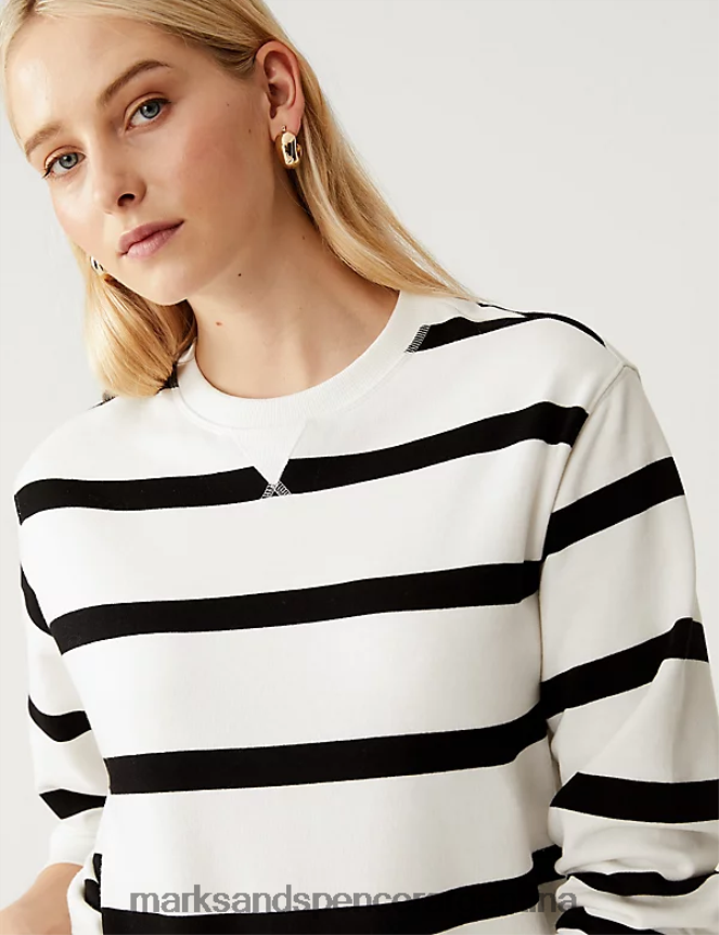 Marks & Spencer mujer sudadera con cuello redondo y rayas ricas en algodón ropa mezcla de marfil 46VL964
