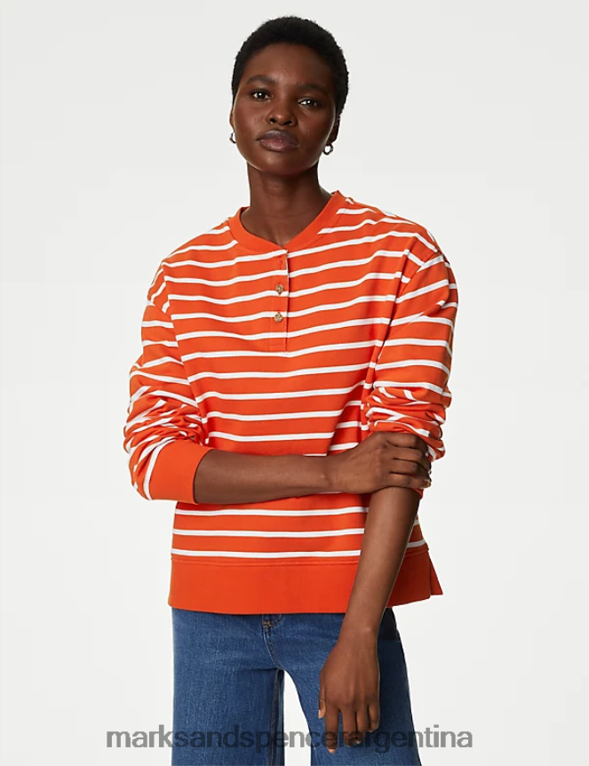 Marks & Spencer mujer sudadera de puro algodón a rayas con cuello redondo ropa mezcla de naranja 46VL792
