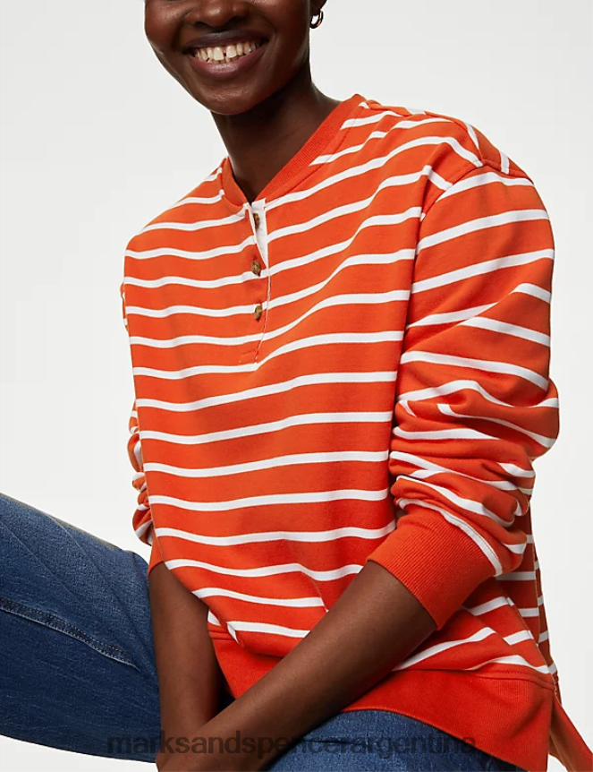 Marks & Spencer mujer sudadera de puro algodón a rayas con cuello redondo ropa mezcla de naranja 46VL792