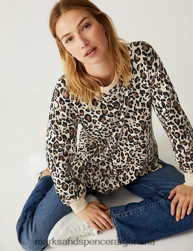 Marks & Spencer mujer sudadera de puro algodón con estampado animal ropa mezcla marrón 46VL2548