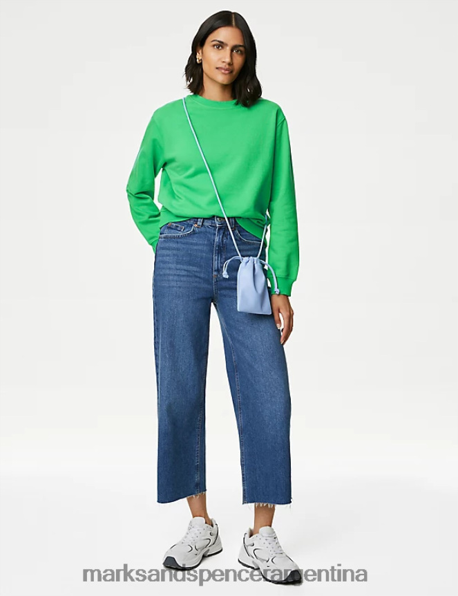 Marks & Spencer mujer sudadera rica en algodón con cuello redondo ropa verde ácido 46VL1766
