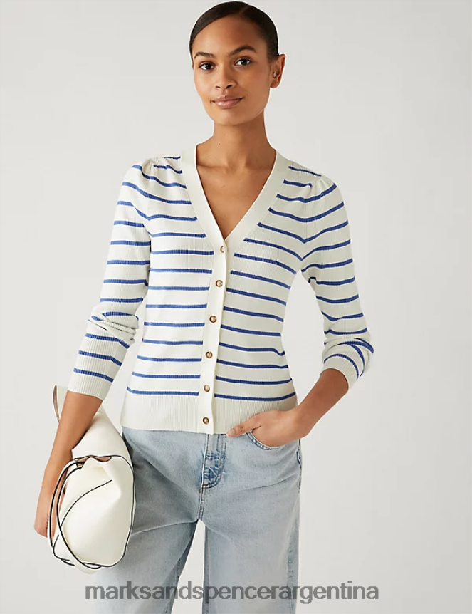 Marks & Spencer mujer cárdigan a rayas con cuello en V y botones al frente ropa mezcla de marfil 46VL2116