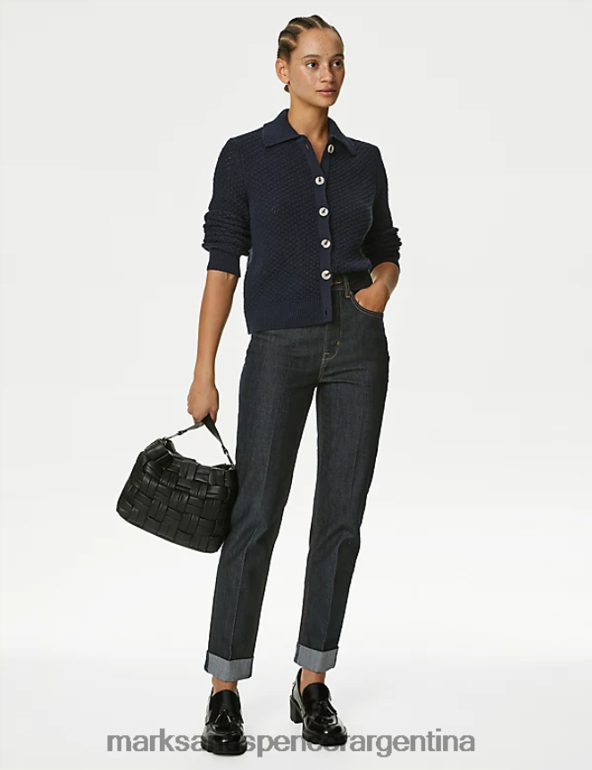 Marks & Spencer mujer cárdigan con cuello y textura rica en algodón ropa azul marino de medianoche 46VL390