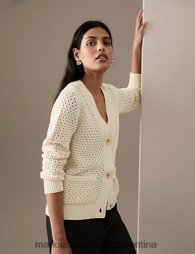 Marks & Spencer mujer cárdigan de crochet rico en algodón con cuello en V ropa Marfil 46VL2932