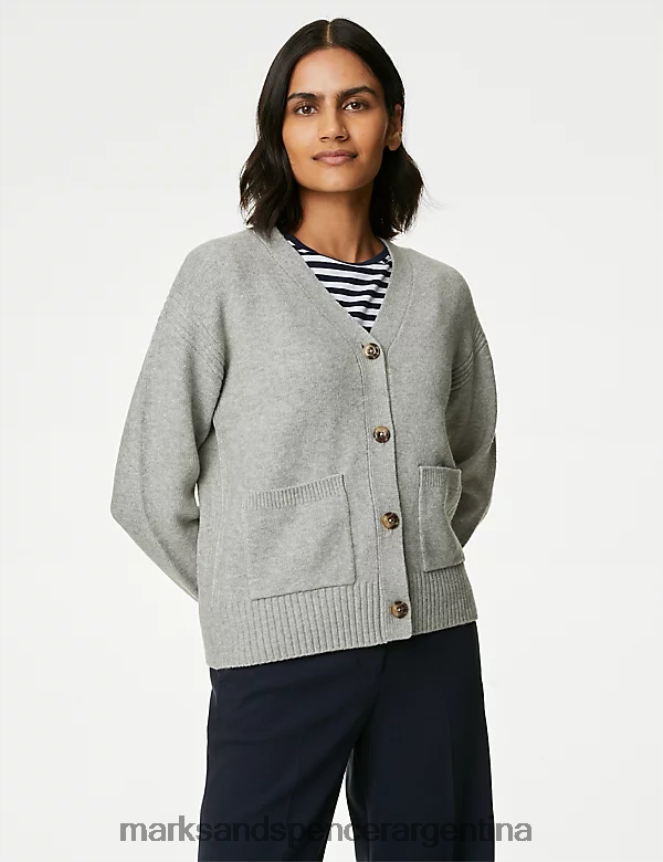 Marks & Spencer mujer cárdigan de mezcla reciclada con cuello en V y botones en la parte delantera ropa marga gris 46VL456