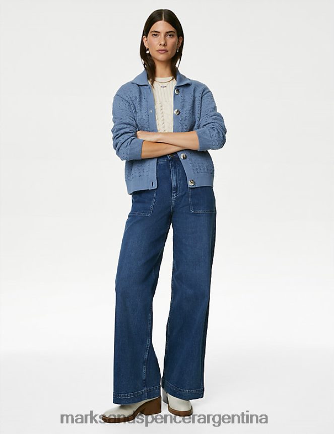 Marks & Spencer mujer cárdigan de punto de puro algodón con cuello ropa gris azul 46VL592