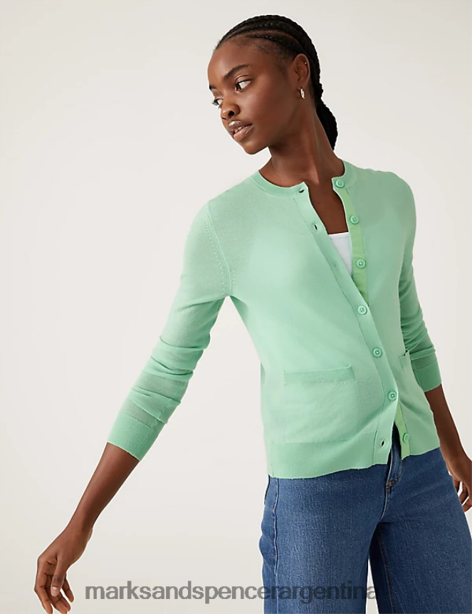 Marks & Spencer mujer cárdigan de pura lana merino con cuello redondo ropa menta fresca 46VL1388