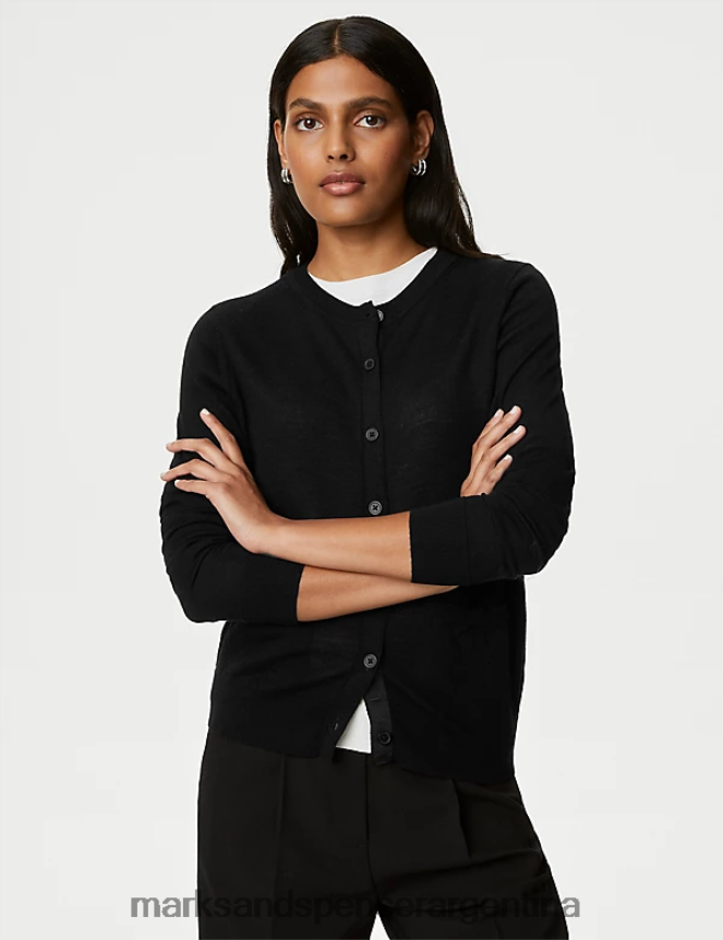 Marks & Spencer mujer cárdigan de pura lana merino con cuello redondo ropa negro 46VL1386