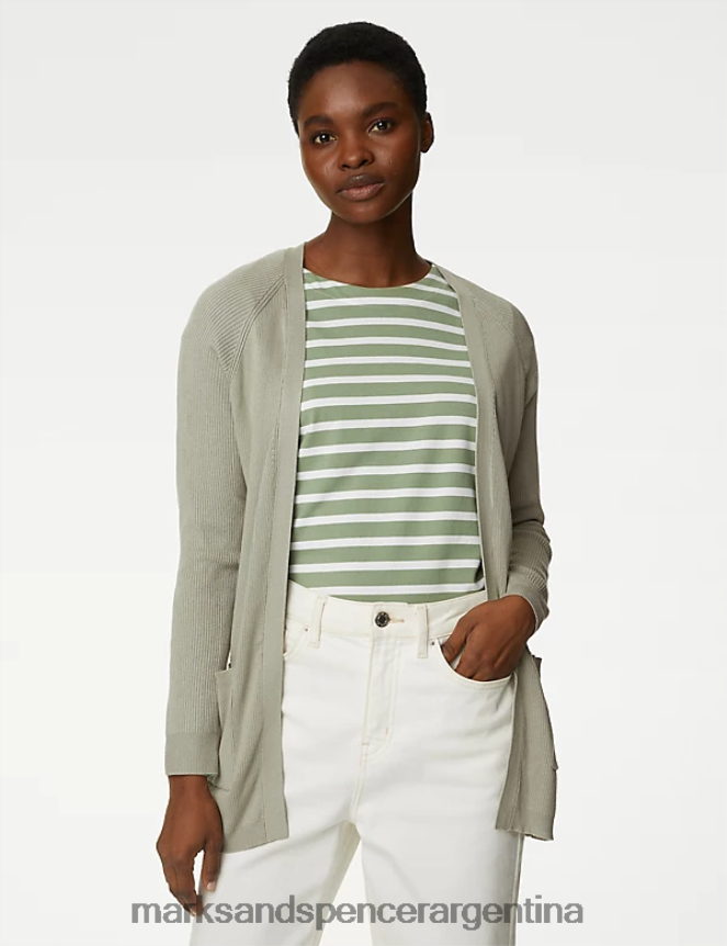 Marks & Spencer mujer cárdigan largo de canalé de borde a borde ropa verde suave 46VL930
