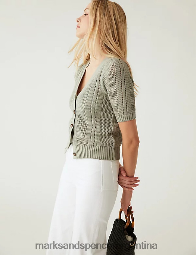 Marks & Spencer mujer cárdigan texturizado rico en algodón con cuello en V ropa verde suave 46VL2150