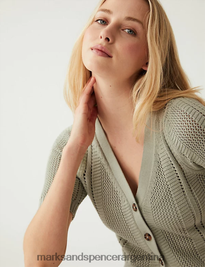 Marks & Spencer mujer cárdigan texturizado rico en algodón con cuello en V ropa verde suave 46VL2150