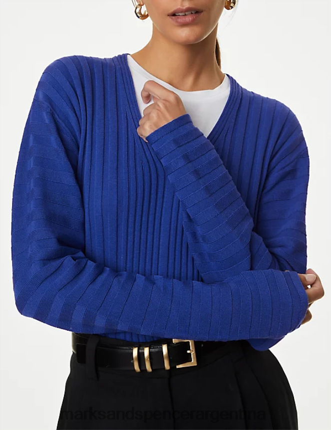 Marks & Spencer mujer jersey de canalé en mezcla de seda con cuello en V ropa iris 46VL532