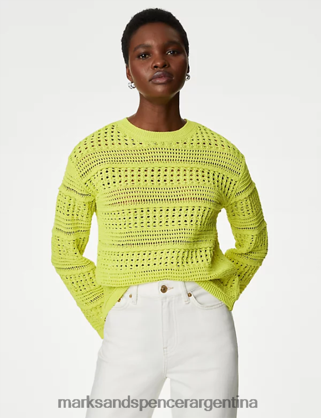Marks & Spencer mujer jersey de pointelle con cuello redondo en mezcla de algodón ropa lima suave 46VL432