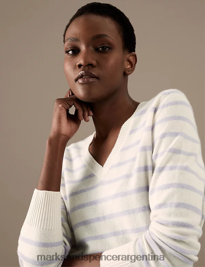 Marks & Spencer mujer jersey de pura cachemira a rayas con cuello en V ropa mezcla lila 46VL2218