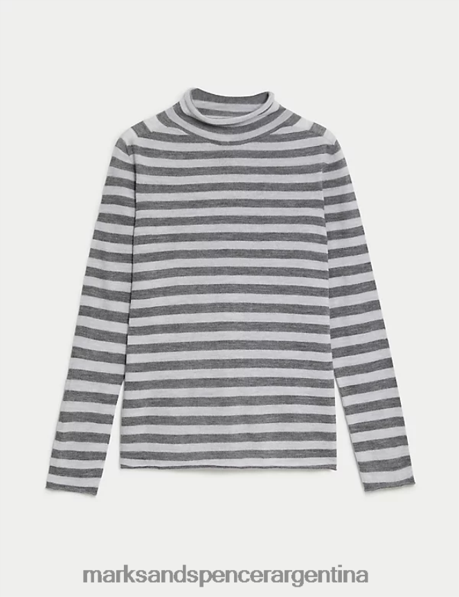 Marks & Spencer mujer jersey de pura lana merino a rayas con cuello alzado ropa mezcla gris 46VL1134