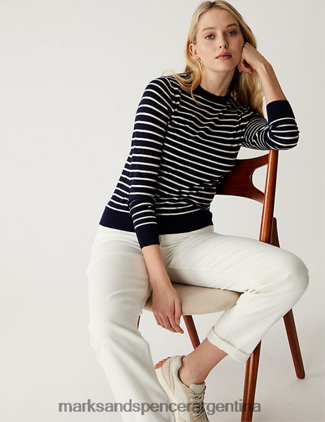 Marks & Spencer mujer jersey de pura lana merino a rayas con cuello redondo ropa mezcla azul marino 46VL1152