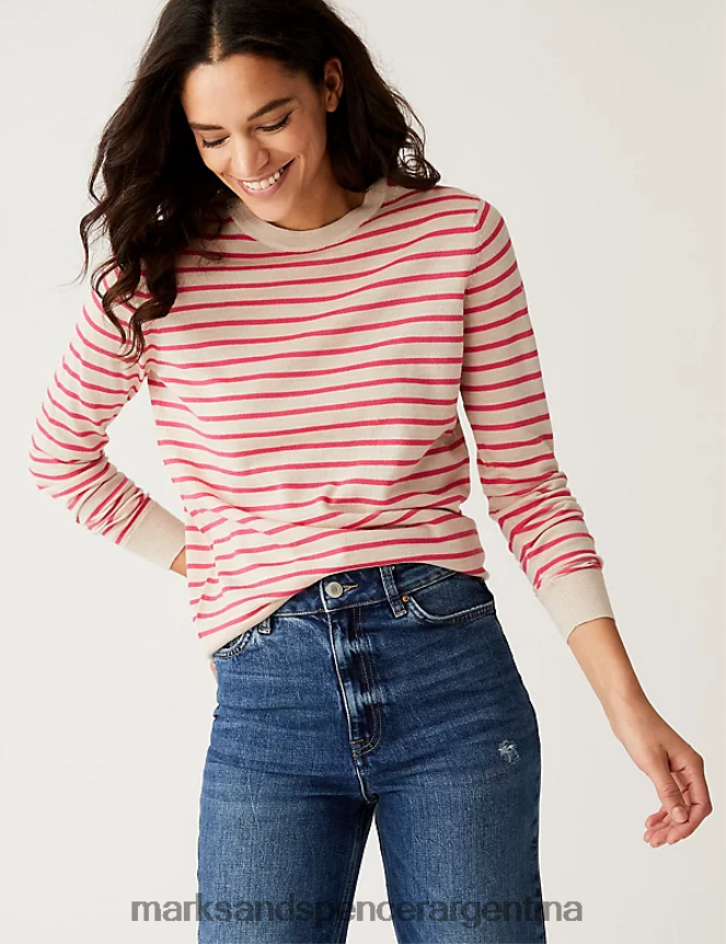 Marks & Spencer mujer jersey de pura lana merino a rayas con cuello redondo ropa mezcla de avena 46VL1482