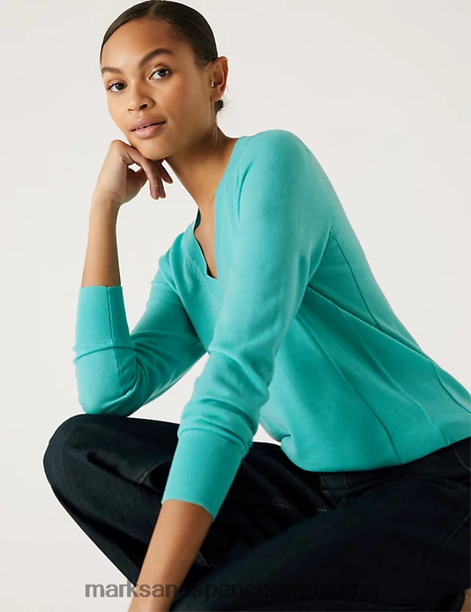 Marks & Spencer mujer jersey de pura lana merino con cuello en V ropa espuma de mar mediana 46VL1922