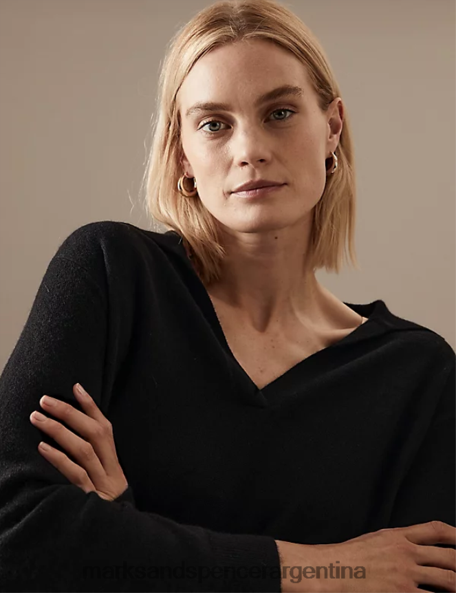 Marks & Spencer mujer jersey holgado de pura cachemira con cuello ropa negro 46VL2794