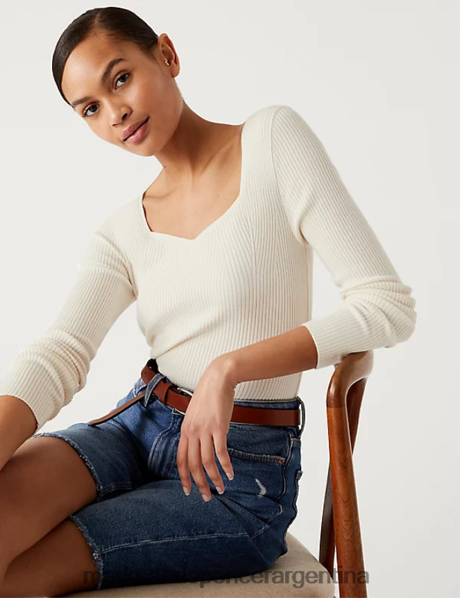 Marks & Spencer mujer suéter de canalé con cuello en forma de corazón ropa Marfil 46VL1618