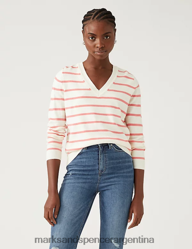 Marks & Spencer mujer suéter supersuave a rayas con cuello en V ropa mezcla rosa 46VL2710