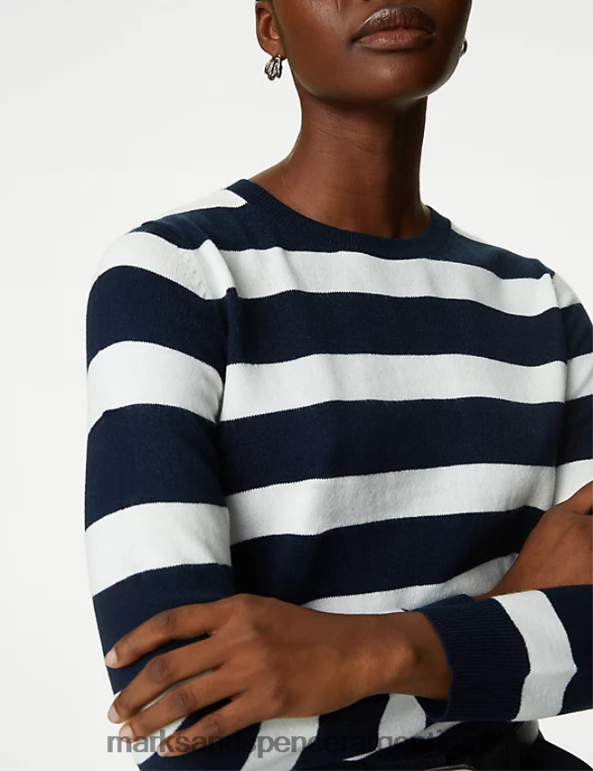 Marks & Spencer mujer suéter supersuave a rayas con cuello redondo ropa mezcla azul marino 46VL138