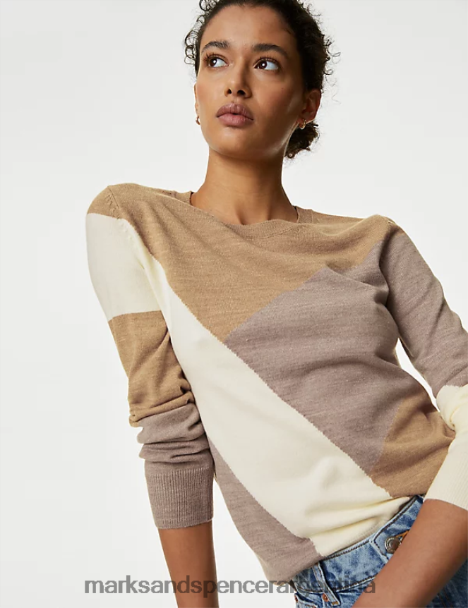 Marks & Spencer mujer suéter supersuave con bloques de color y cuello redondo ropa mezcla natural 46VL326