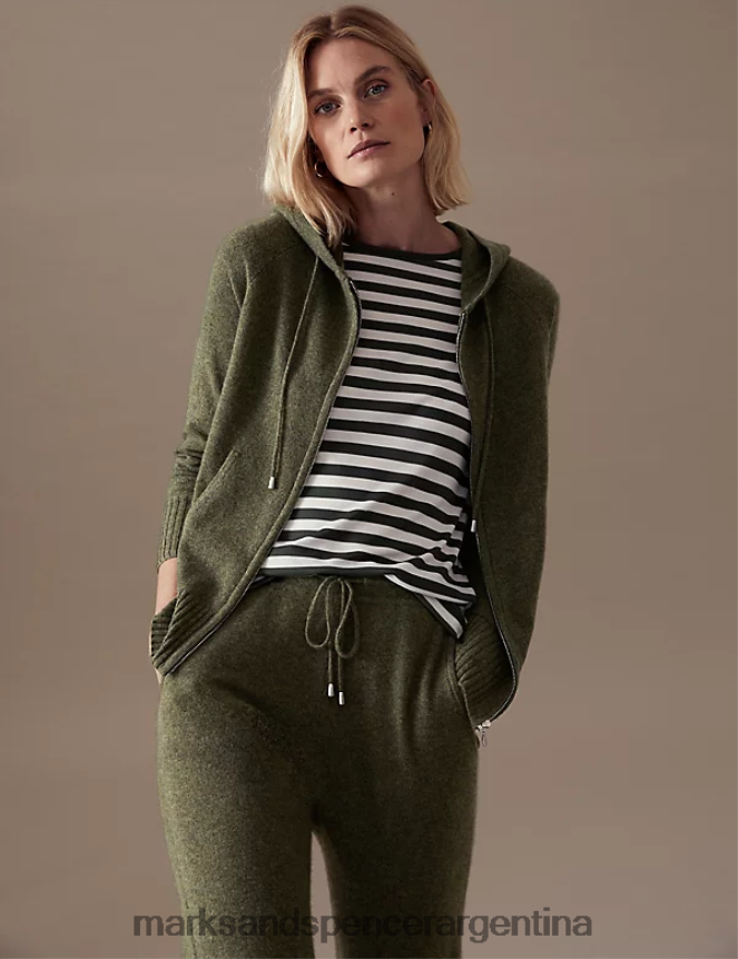 Marks & Spencer mujer sudadera holgada con capucha de punto de pura cachemira ropa cazador verde 46VL3020