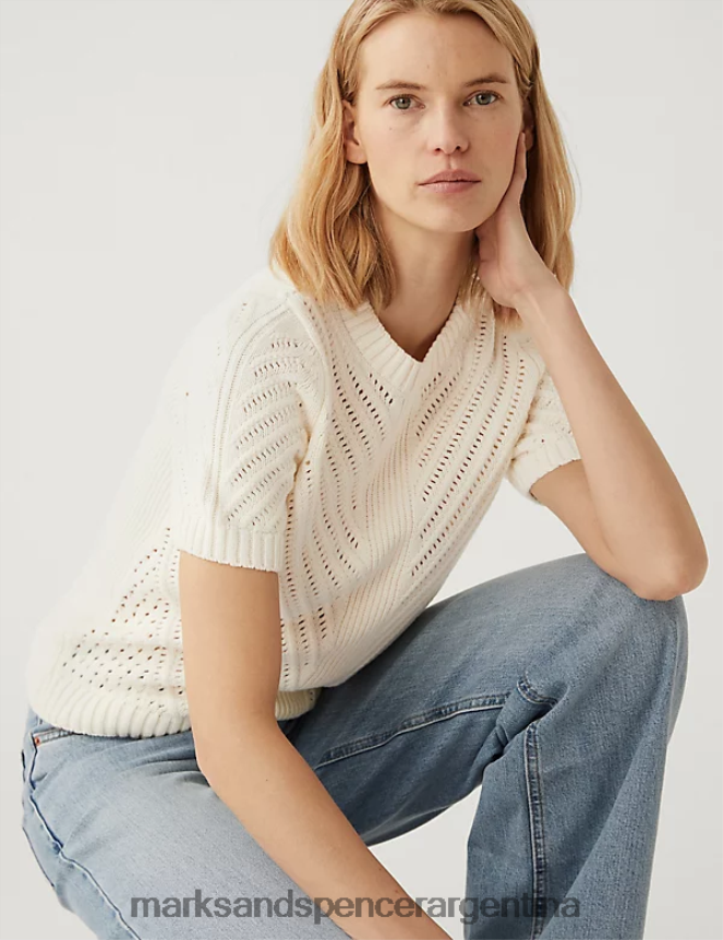 Marks & Spencer mujer top de punto con cuello redondo y textura rica en algodón ropa Marfil 46VL2058