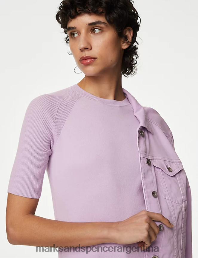 Marks & Spencer mujer top de punto de canalé con cuello redondo y rico en algodón ropa lila 46VL1758