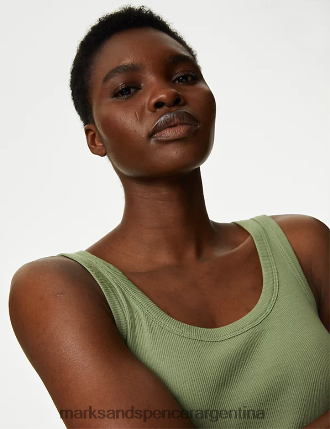 Marks & Spencer mujer Top sin mangas de corte slim de canalé rico en algodón ropa caqui 46VL1186