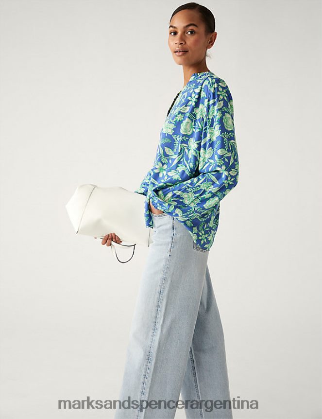 Marks & Spencer mujer blusa floral con cuello en V y popover ropa mezcla azul 46VL1038
