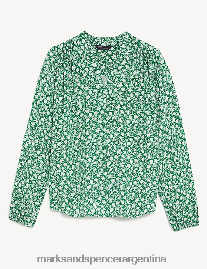 Marks & Spencer mujer blusa floral con cuello en V y popover ropa mezcla verde 46VL1040