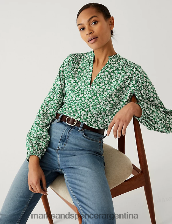 Marks & Spencer mujer blusa floral con cuello en V y popover ropa mezcla verde 46VL1040