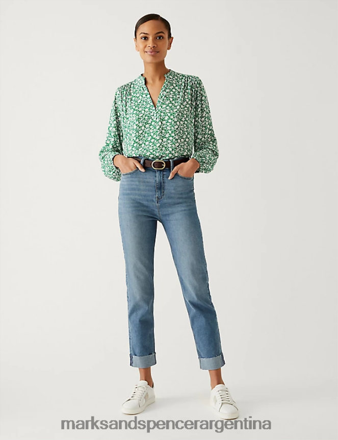 Marks & Spencer mujer blusa floral con cuello en V y popover ropa mezcla verde 46VL1040