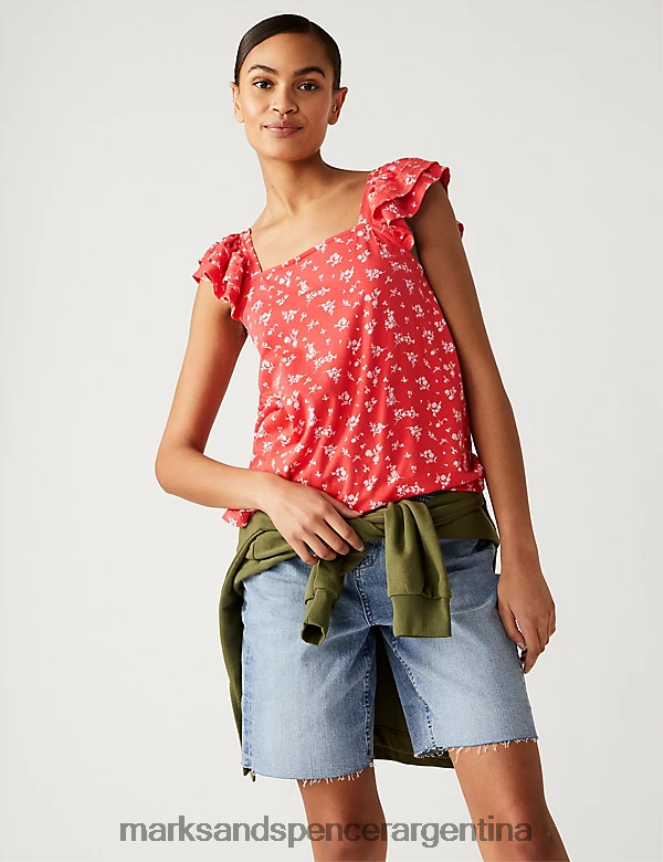 Marks & Spencer mujer chaleco de puro algodón estampado con volantes ropa mezcla roja 46VL2104