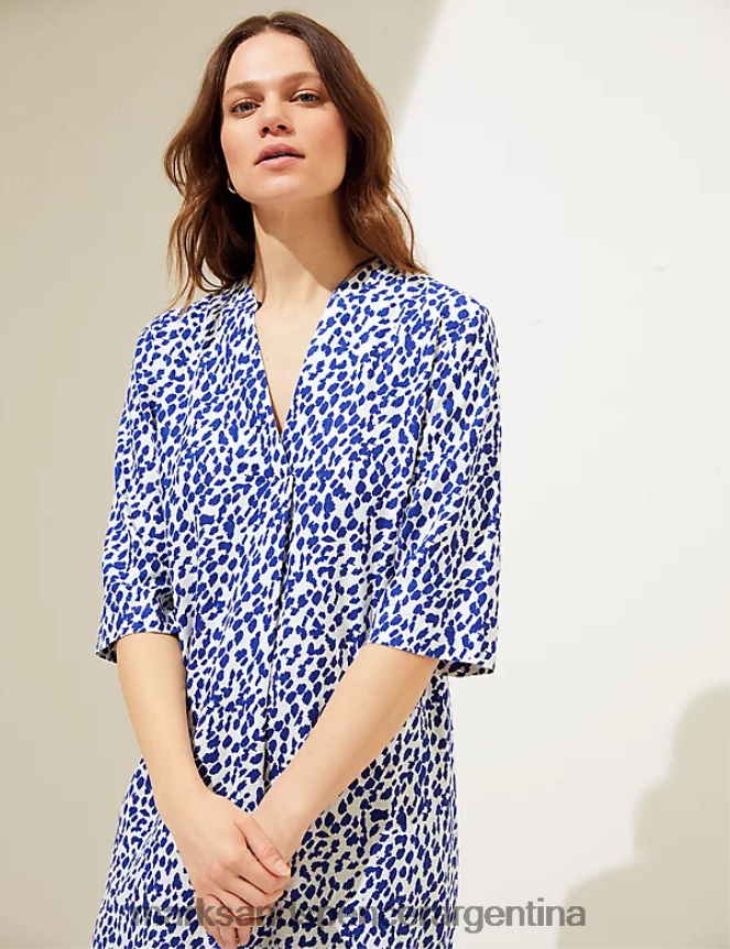 Marks & Spencer mujer túnica con cuello en V y estampado rico en lino ropa mezcla azul 46VL2476