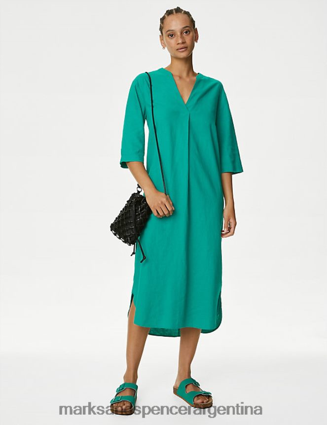 Marks & Spencer mujer túnica rica en lino con cuello en V ropa verde brillante 46VL978