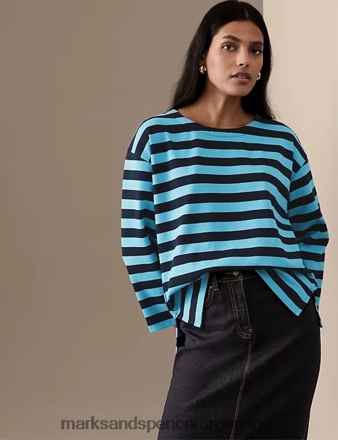 Marks & Spencer mujer top a rayas rico en algodón ropa mezcla turquesa 46VL2880