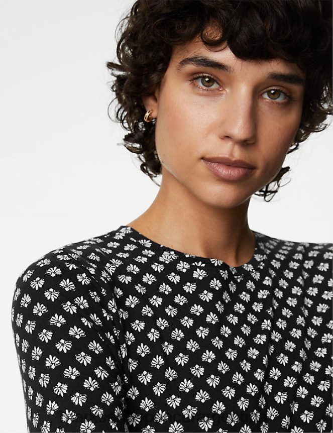 Marks & Spencer mujer top ajustado con estampado rico en algodón ropa mezcla negra 46VL2096