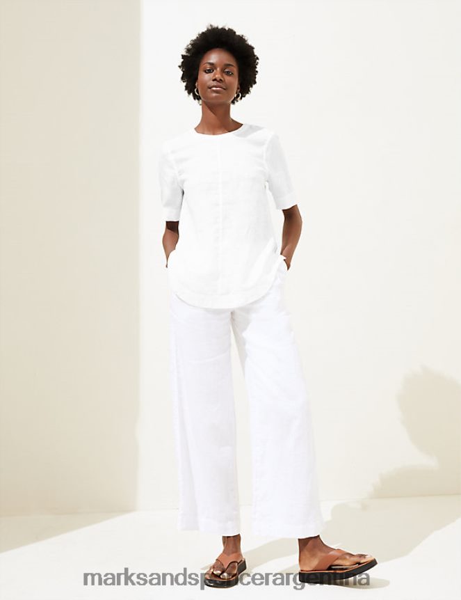 Marks & Spencer mujer top boxy de puro lino con cuello redondo y manga corta ropa blanco 46VL194